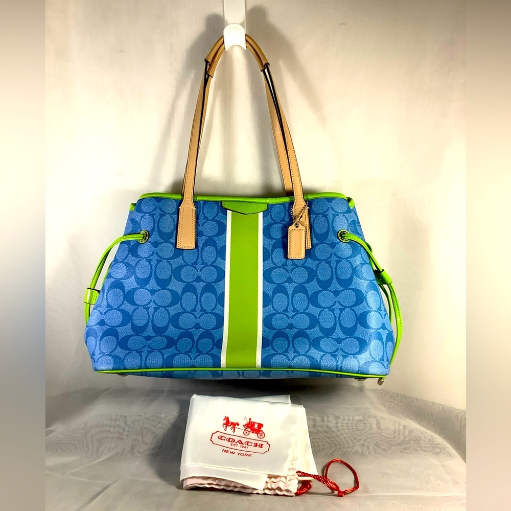 Coach Signature Coated Canvas Tote Shoulder Bag Handbag Blue & Lime Green